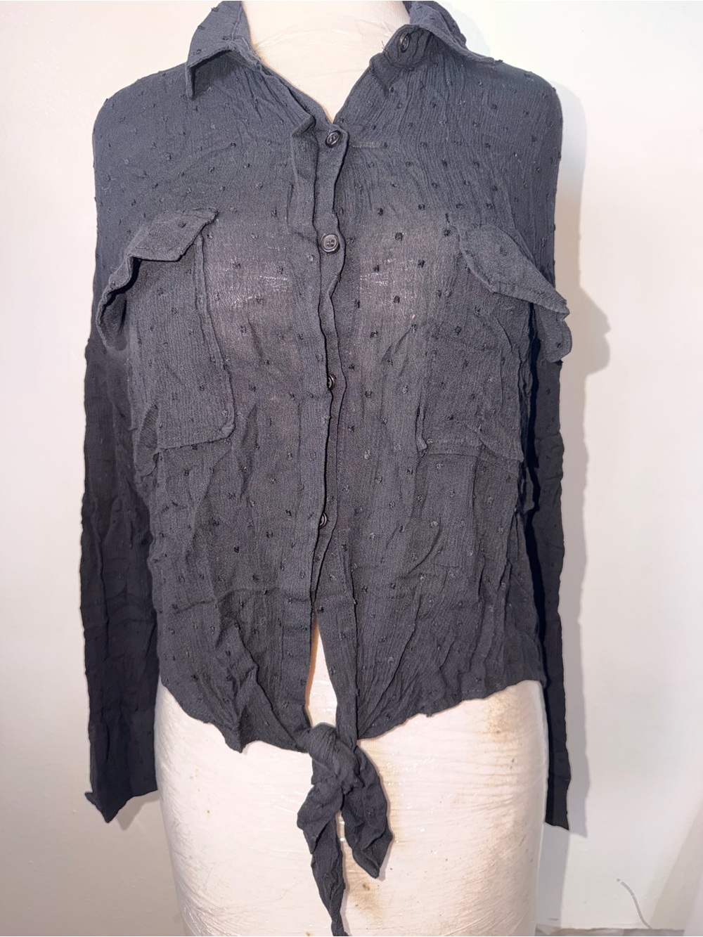 Tie-Front Textured Button-Up Blouse in Charcoal
